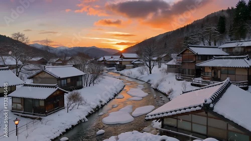 lengthy and descriptive alternative title for winter evening view of snowy village and water stream in mountainous city in Japan
