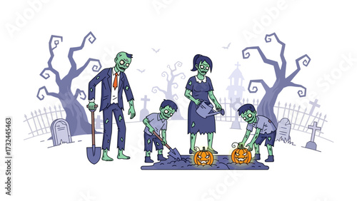 Zombie Family Halloween Scene: A zombie family decorates Halloween pumpkins in the graveyard, with spooky trees in the background, perfect for capturing the Halloween spirit!