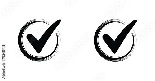 Two bold black check marks inside circular brushstroke rings, symbolizing approval, correctness, and task completion on white background