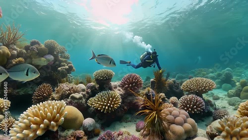 Beams of Illumination Filtering Through the Water Column Over Coral Reef Ecosystem During Underwater Excursion