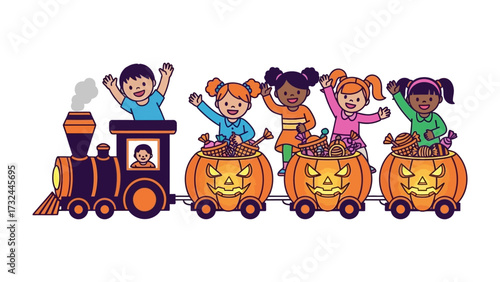 Halloween Train: A festive Halloween train with delighted children, pumpkin carriages, evoking the essence of autumn celebration and holiday fun.