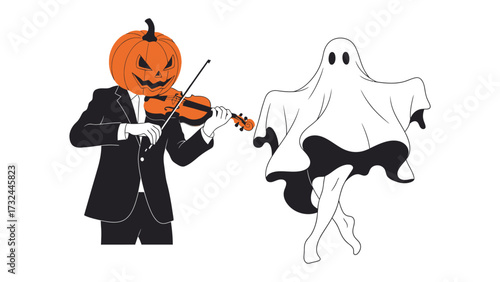 Halloween Symphony: Spooky illustration of a pumpkin-headed violinist serenading a dancing ghost. A playful, artistic depiction of Halloween's whimsical side.