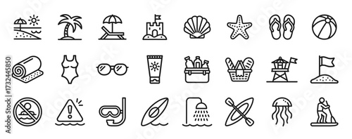 Beach icon set. Line icons of umbrella, palm tree, swimsuit, shell, starfish, ball, and surfboard. Editable stroke. Vector illustration.