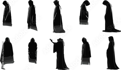 Mystic hooded figures, robed silhouettes, fantasy cloaks, mysterious poses, dark character design, medieval style, concept art, cloaked men, eerie shadows