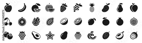 Fruit Icon Set. Solid icons of tropical fruits, healthy food, and natural nutrition. Vector illustration.