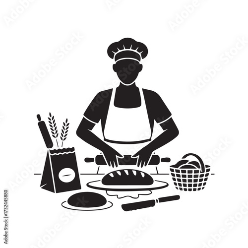 Vector art of baker in an apron and chef hat kneading dough with a rolling pin, surrounded by baking ingredients