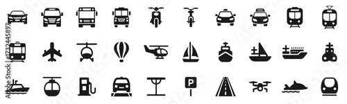 Transport Icon Set. Solid icons of car, bus, train, airplane, ship, bicycle, and more. Vector illustration.