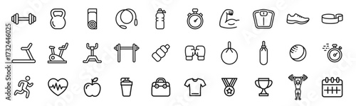 Fitness icon set. Line icons of dumbbell, kettlebell, treadmill, stopwatch, boxing gloves, heart, and gym equipment. Editable stroke. Vector illustration.