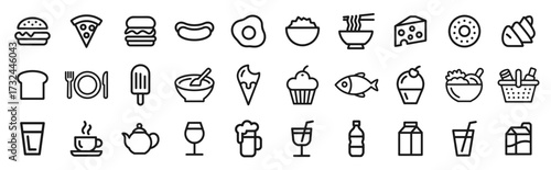 Line icons of food, drink, meal, and restaurant items. Vector illustration.