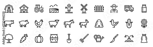 Farming Line Icon Set. Line icons of agriculture, animals, and rural life. Vector illustration.