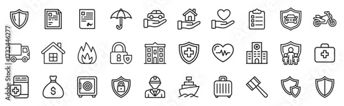 Insurance Line Icon Set. Line icons of protection, health, safety, and finance. Vector illustration.