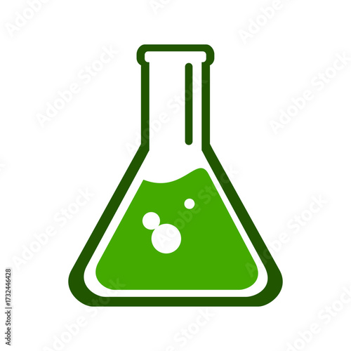 Green liquid in a laboratory flask, ideal for scientific experiments and research.