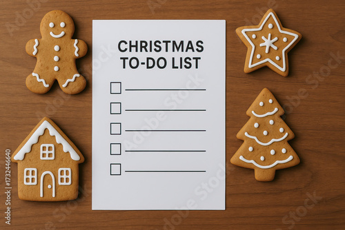 Christmas to do list checklist with blank items on white paper surrounded by gingerbread cookie decorations creating cheerful holiday planning mood