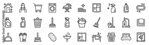 Cleaning Line Icon Set. Line icons of housework, detergent, hygiene, and sanitation. Vector illustration.