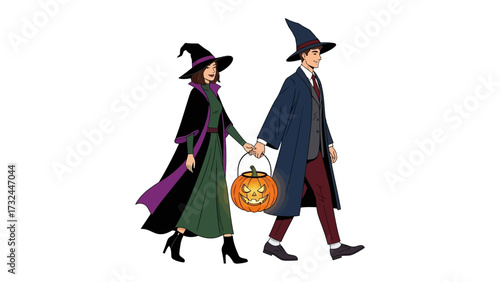 Halloween Stroll: A bewitching couple, hand in hand, embodying the spirit of Halloween as they venture out together with a festive pumpkin lantern.