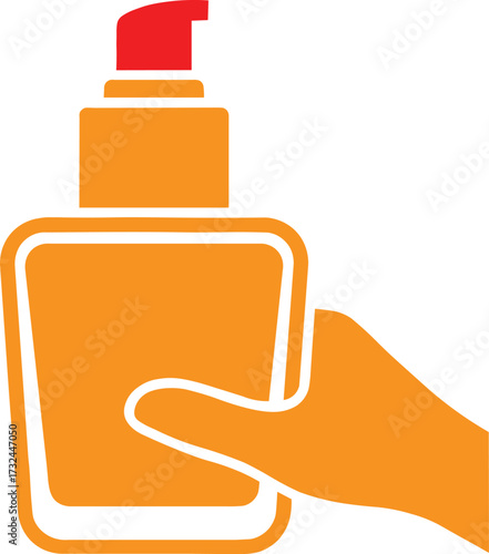 Hand holding an orange pump bottle with a red dispenser top representing hygiene and personal care products