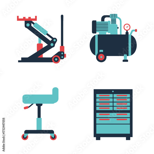 Car repair tools: jack, air compressor, rolling stool, tool cabinet.