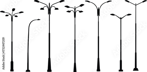 Streetlight silhouette set, multi-arm lamp designs, urban lighting infrastructure icons, black vector collection, public space illumination, city planning elements
