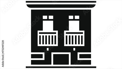 Building Facade Icon with Two Upper Balconies and Railings - Simple Black and White Architecture Glyph