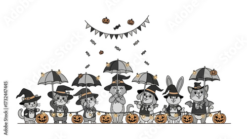 A Halloween Gathering of Adorable Characters: A delightful monochrome illustration, showcasing a charming assortment of animals adorned in witch hats and umbrellas.