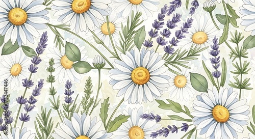 Floral Pattern with Daisies and Lavender on White Background