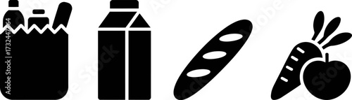 A grocery bag filled with food items, milk carton, baguette, and produce.