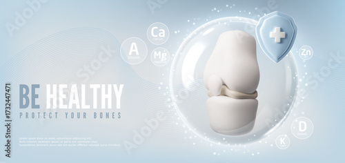 Be healthy protect your bones 3D vector banner, knee joint in protective sphere and shield with cross medical prevention