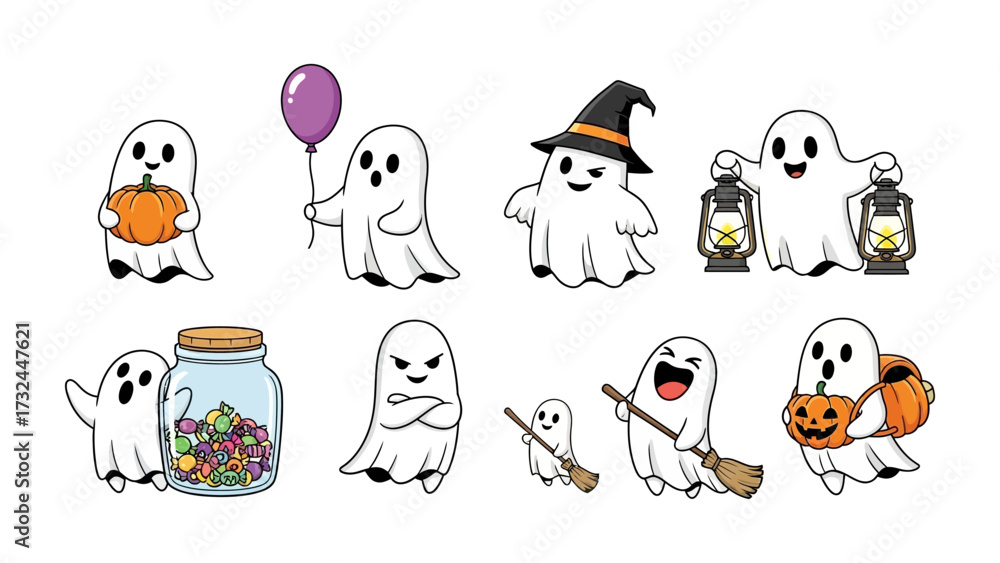Naklejka premium Spooky Ghosts in Fun Adventure: A delightful collection of cartoon ghosts engages in playful Halloween activities, each one with its unique charm, showcasing festive fun and creativity.