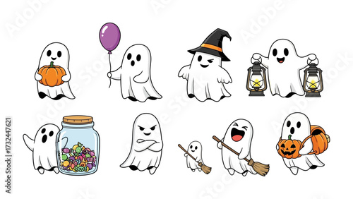 Spooky Ghosts in Fun Adventure: A delightful collection of cartoon ghosts engages in playful Halloween activities, each one with its unique charm, showcasing festive fun and creativity.