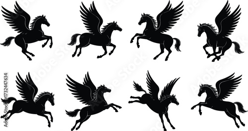 Pegasus silhouette, flying horse, mythical creature, winged stallion, fantasy animal, black vector, graceful motion, dynamic pose, legend, majestic flightPegasus 