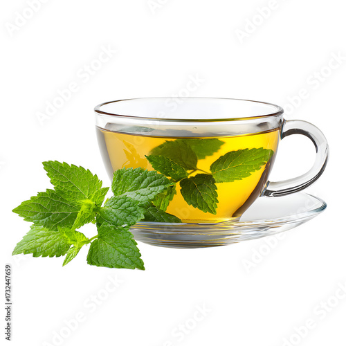 Cup of herbal tea with mint leaves, white isolated background