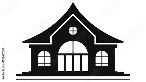 Elegant Villa Silhouette Icon with Text Label - Black Vector Illustration of Modern House Building for Real Estate Branding, Architecture Logo, Property Management, Luxury Residence, Vacation Rental.