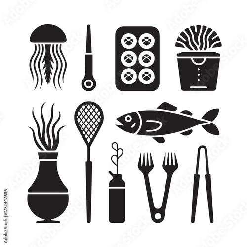 Vector art of collection of black icons representing food and kitchen items, including jellyfish, sushi, fish, and cooking utensils
