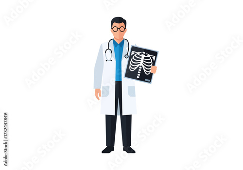 Healthcare doctor holding an X-ray of human skeleton radiography for diagnosis and medical care planning in clinical medicine