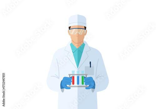 Medical professional holding test tubes with colored liquids in a research laboratory science for healthcare innovation and pharmaceutical advancements