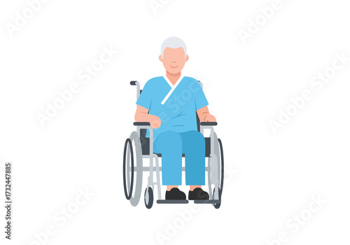 Senior patient in wheelchair wearing hospital gown for medical care, elderly man smiling, depicting health, recovery and assisted living concept