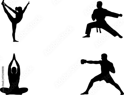Silhouettes of people practicing yoga, martial arts, and combat sports