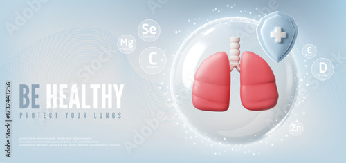 Be healthy protect your lungs 3D realistic vector banner, lungs and shield with cross, medical diagnostics and treatment