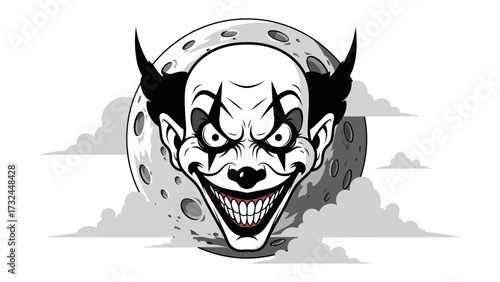 Horror Clown with Menacing Smile: A chilling horror clown illustration with an unsettling grin and a piercing gaze, set against a backdrop of a spooky moon.