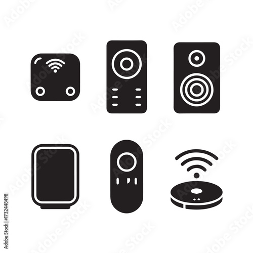 Vector art of collection of black icons representing smart home devices, remote controls, and wireless technology