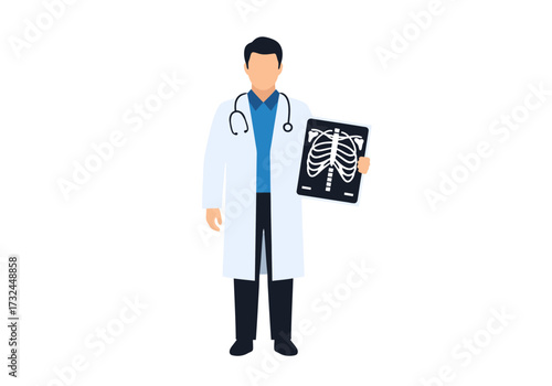 Expert doctor holding human chest X-ray film for lung health diagnosis analysis and medical exam results review in hospital clinical setting