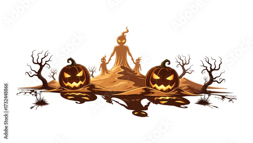 Spooky Halloween Scene: Two carved jack-o'-lanterns flank a mysterious silhouetted figure, evoking a sense of mystery and playful spookiness.