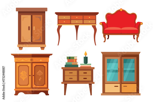 Collection of antique wooden furniture pieces including cabinets and a sofa