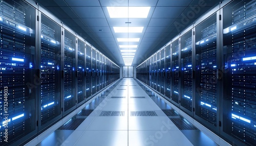 A long, brightly lit server room with rows of tall, dark metal server racks on either side of a clean, tiled floor, creating a symmetrical and technological atmosphere