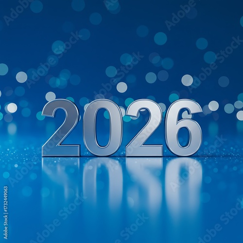3D Silver Numbers 2026 Gleaming on a Reflective Blue Background with Bokeh Lights