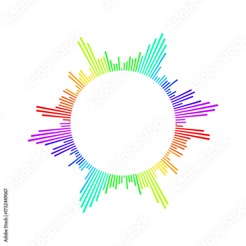 Dynamic circular sound wave equalizer with vibrant rainbow spectrum pulsates with digital energy, perfect for audio tech and music visualization