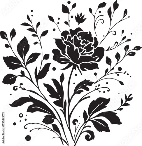 Black and white floral illustration — detailed rose-like flower with leaves and buds in elegant symmetrical decorative design