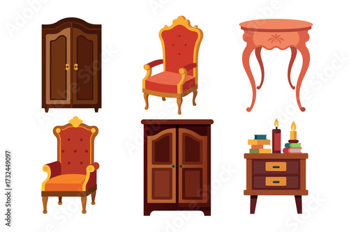 Vintage furniture collection featuring wardrobes chairs and cabinet for elegant home decor