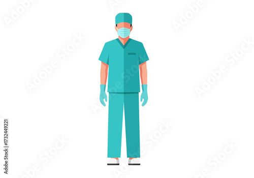 Surgeon doctor wearing mask gloves and medical gown uniform during pandemic healthcare vector illustration