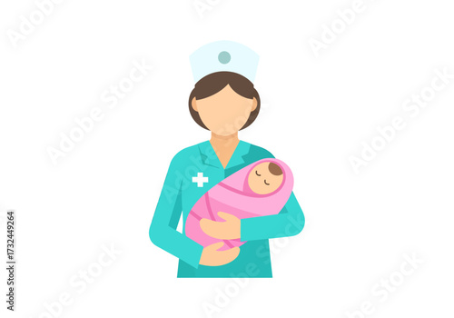 Pediatric healthcare concept with a nurse or doctor holding a newborn baby in her arms showing care and protection